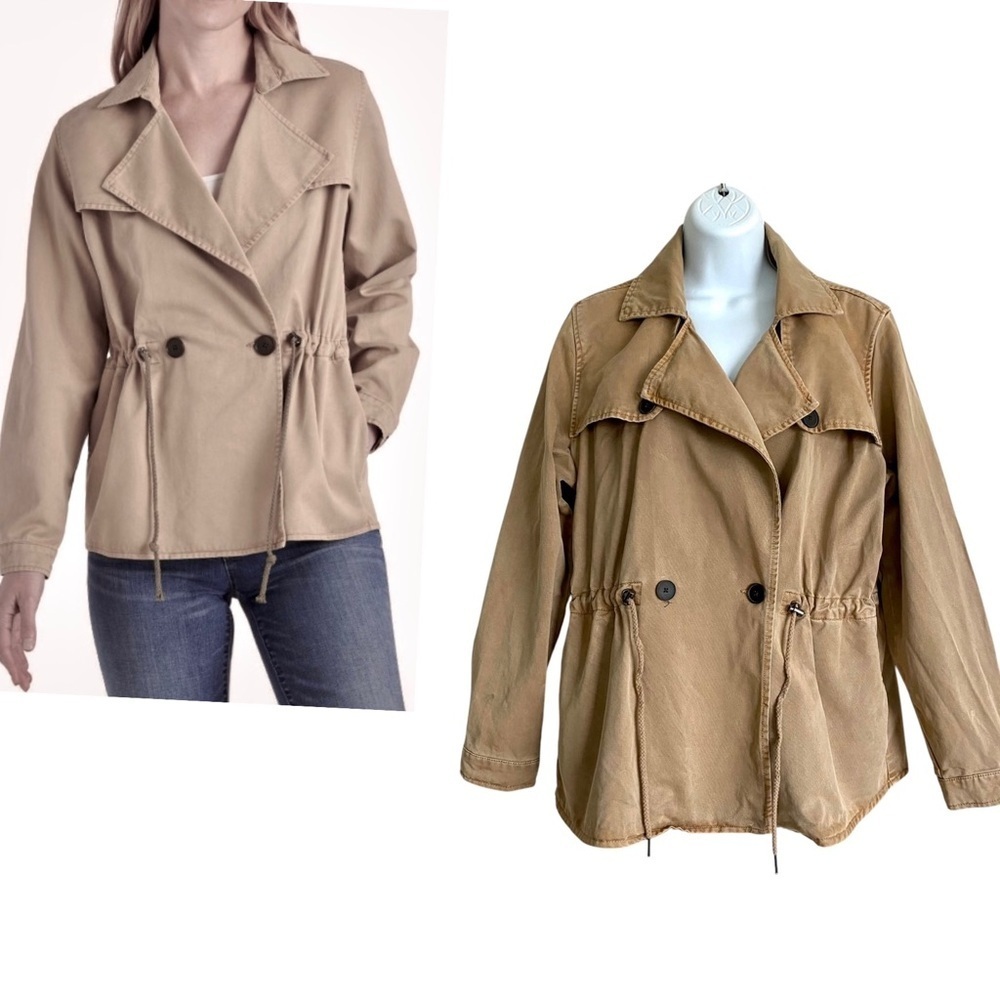 Lucky Brand Tan Trench Coat Medium Double-Breasted Light Utility Barn Drawstring